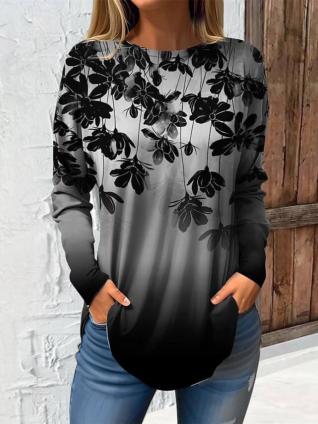 Women's T Shirt Tee Pink Blue Green Floral Print Long Sleeve Daily Weekend Fashion Round Neck Regular Fit Painting Spring &Fall 1 Women's T Shirt Tee Pink Blue Green Floral Print Long Sleeve Daily Weekend Fashion Round Neck Regular Fit Painting Spring &Fall