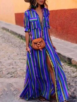 Women's Shirt Dress Casual Dress Swing Dress Maxi Long Dress Outdoor Daily Vacation Polyester Basic Casual Shirt Collar Pocket Split Half Sleeve Summer Spring 2023 Loose Fit Red Blue Purple Striped S -Cheap Plus Fit Dress Store kgzhpg1673848922534