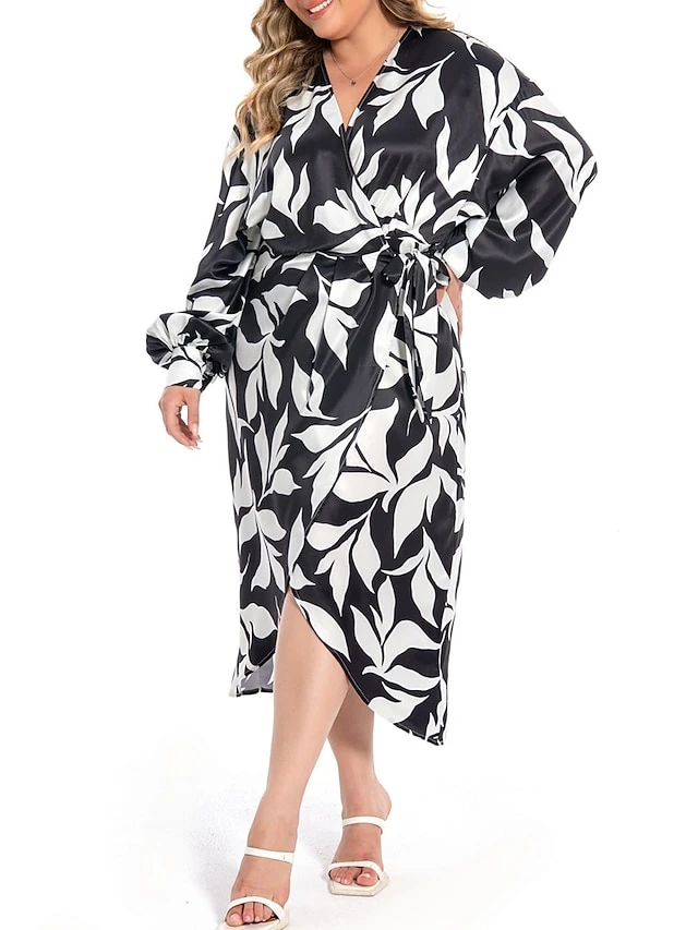 Women's Plus Size Curve Work Dress Satin Dress Wrap Dress Floral Midi Dress Long Sleeve Split V Neck Fashion Office Black Fall Winter L XL XXL 3XL 4XL 4 Women's Plus Size Curve Work Dress Satin Dress Wrap Dress Floral Midi Dress Long Sleeve Split V Neck Fashion Office Black Fall Winter L XL XXL 3XL 4XL - Image 4
