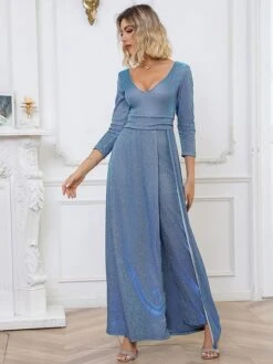 Women's Jumpsuit Solid Color V Neck Elegant Wedding Party Pencil Regular Fit Long Sleeve Blue S M L Fall