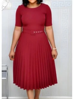 Women‘s Plus Size Curve Party Dress Solid Color Crew Neck Ruched Short Sleeve Spring Fall Work Formal Prom Dress Knee Length Dress Party Work Dress Loose Fit -Cheap Plus Fit Dress Store khqdcz1620625704228