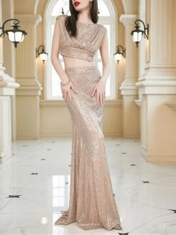 Women's Two Piece Dress Set Party Dress Skirt Set Party Wedding Guest Fashion Elegant Sequin Long Dress Maxi Dress Crew Neck Sleeveless Plain Regular Fit Apricot Summer Spring S M L XL -Cheap Plus Fit Dress Store khqkeb1690274869584