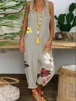 Jumpsuits For Women Summer Backless Floral U Neck Active Casual Daily Straight Regular Fit Sleeveless Blue Black Gray S M L Spring