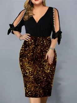 Women‘s Plus Size Curve Party Dress Solid Color V Neck Sequins Half Sleeve Spring Fall Stylish Sequins Prom Dress Midi Dress Party Club Dress Sheath Dress Sequin Dress -Cheap Plus Fit Dress Store kiiqyx1656496082012