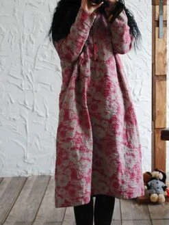 Women's Casual Dress Cotton Linen Dress Loose Dress Midi Dress Cotton Blend Daily Stylish Outdoor Daily Vacation V Neck Button Print Long Sleeve Spring Fall Winter 2023 Loose Fit Red Blue Green Floral -Cheap Plus Fit Dress Store kijeuo1695014798246