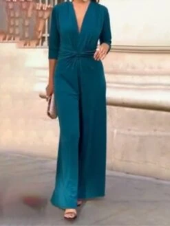 Women's Jumpsuit High Waist Solid Color V Neck Streetwear Street Daily Regular Fit Long Sleeve Light Green Red Navy Blue S M L Spring -Cheap Plus Fit Dress Store kilelv1688621611530