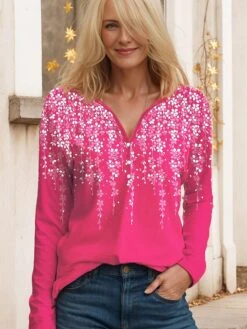 Women's T Shirt Tee Yellow Pink Red Floral Button Print Long Sleeve Daily Weekend Basic V Neck Regular Fit Floral Painting Spring &Fall