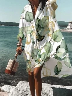 Women's Shirt Dress Casual Dress Swing Dress Mini Dress Outdoor Daily Vacation Polyester Fashion Casual Shirt Collar Button Print Long Sleeve Summer Spring Fall 2023 Loose Fit Green Leaf S M L XL 2XL