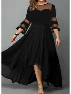 Women‘s Plus Size Curve Party Dress Pure Color Crew Neck Mesh 3/4 Length Sleeve Spring Fall Elegant Maxi Long Dress Formal Party Dress