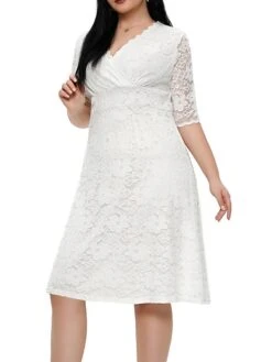 Women‘s Plus Size Curve Party Dress Lace Dress White Dress Solid Color Midi Dress Half Sleeve Lace V Neck Fashion Party White Red Summer Spring XL XXL 3XL 4XL 5XL -Cheap Plus Fit Dress Store kjwusa1681204547715