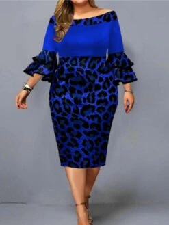 Women‘s Plus Size Curve Work Dress Sheath Dress Leopard Midi Dress 3/4 Length Sleeve Ruffle Print Off Shoulder Elegant Office Black Blue Fall Spring XL XXL 3XL 4XL 5XL