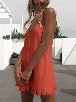 White Jumpsuits For Women Romper Ruffle Button Solid Color Crew Neck Streetwear Street Daily Regular Fit Spaghetti Strap Black Orange S M L Summer -Cheap Plus Fit Dress Store kklziq1680073085114