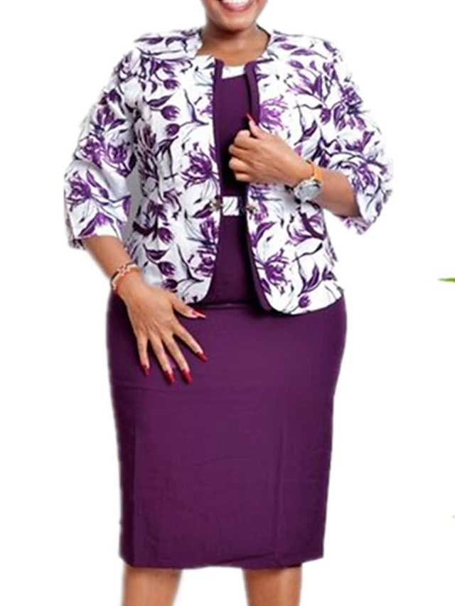 Women‘s Plus Size Curve Work Dress Floral Crew Neck 3/4 Length Sleeve Spring Fall Work Elegant Knee Length Dress Work Work Dress Dress Dress Set 2 Women‘s Plus Size Curve Work Dress Floral Crew Neck 3/4 Length Sleeve Spring Fall Work Elegant Knee Length Dress Work Work Dress Dress Dress Set - Image 2