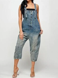 Women‘s Overall Pocket Solid Color Denim Square Neck Streetwear Daily Vacation Regular Fit Sleeveless Black Navy Blue Dusty Blue S M L Fall