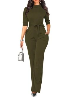 Women's Jumpsuit Solid Color Stand Collar Basic Office Street Regular Fit 3/4 Length Sleeve Wine Army Green Brown S M L Spring -Cheap Plus Fit Dress Store kkqqzi1640254124739