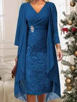 Women's Two Piece Dress Set Casual Dress Lace Dress Outdoor Daily Fashion Elegant Lace Patchwork Midi Dress V Neck Long Sleeve Plain Regular Fit Wine Blue Sky Blue Fall Winter S M L XL XXL -Cheap Plus Fit Dress Store klqjjr1696996490555