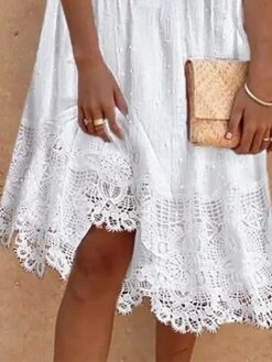 Women's Cotton Linen Dress Casual Dress Midi Dress Cotton Blend Fashion Modern Outdoor Daily Vacation V Neck Lace Half Sleeve Summer Spring Fall 2023 Loose Fit White Plain S M L XL 2XL -Cheap Plus Fit Dress Store klslwu1679378952289