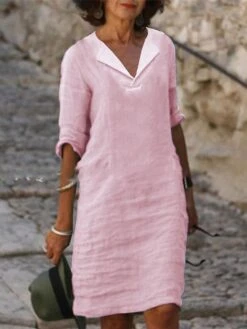 Women's Casual Dress Cotton Dress Shift Dress Midi Dress Cotton Blend Fashion Basic Outdoor Daily Vacation Shirt Collar Ruched Half Sleeve Summer Spring 2023 Loose Fit Black White Pink Pure Color S M -Cheap Plus Fit Dress Store klzgsi1681809480120