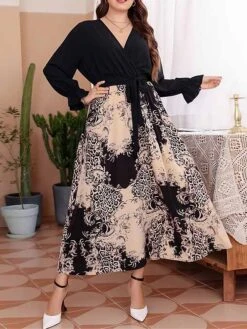 Women's Plus Size Prom Dress Party Dress Wedding Guest Dress Long Dress Maxi Dress Black Long Sleeve Print Lace Up Fall Winter Autumn V Neck Fashion Winter Dress Evening Party Wedding Guest 2023 L XL