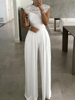 Women's Jumpsuit Embroidered Lace Solid Color Crew Neck Elegant Party Evening Prom Straight Regular Fit Short Sleeve Cap Sleeve White S M L Fall