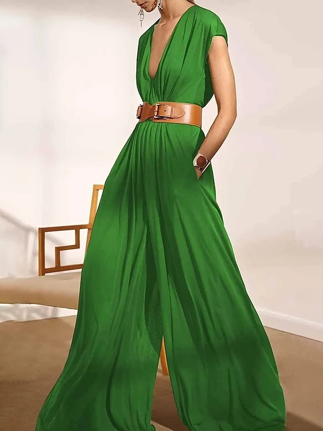 Women‘s Jumpsuit For Special Occasions Christmas Clean Fit Pocket Solid Color Deep V Wedding Holiday Xmas Street Daily Regular Fit Short Sleeve Black White Brown S M L Summer Without Belt 1 Women‘s Jumpsuit For Special Occasions Christmas Clean Fit Pocket Solid Color Deep V Wedding Holiday Xmas Street Daily Regular Fit Short Sleeve Black White Brown S M L Summer Without Belt