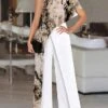 Women's Jumpsuit Patchwork Print Color Block One Shoulder Elegant Party Prom Straight Regular Fit Short Sleeve Brown S M L Spring