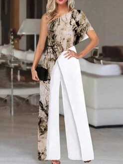 Women's Jumpsuit Patchwork Print Color Block One Shoulder Elegant Party Prom Straight Regular Fit Short Sleeve Brown S M L Spring