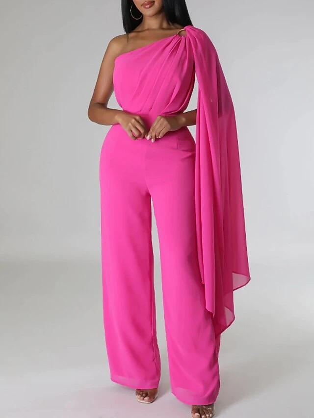 Women‘s Jumpsuit Cape Solid Color One Shoulder Wedding Business Wedding Street Slim Sleeveless Orange Red Dark Pink S M L Fall 5 Women‘s Jumpsuit Cape Solid Color One Shoulder Wedding Business Wedding Street Slim Sleeveless Orange Red Dark Pink S M L Fall - Image 5