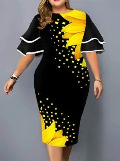 Women‘s Plus Size Curve Party Dress Floral Crew Neck Ruffle Short Sleeve Spring Fall Work Casual Prom Dress Midi Dress Casual Daily DressPrint -Cheap Plus Fit Dress Store kniupf1637920826410