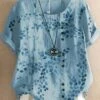 Women's Shirt Blouse Linen Light Yellow White Sky Blue Leaf Short Sleeve Daily Vacation Going Out Vintage Holiday Casual Crew Neck Regular Fit Summer Spring