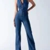 Denim Jumpsuit For Women Backless Zipper Solid Color V Neck Business Office Work Regular Fit Sleeveless Blue XS S M Summer Cowgirl Jeans & Western Wear