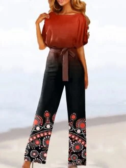 Women's Party Jumpsuit Drawstring Print Print Crew Neck Ordinary Daily Vacation Straight Loose Fit Short Sleeve T-shirt Sleeve Blue Purple Orange S M L All Seasons