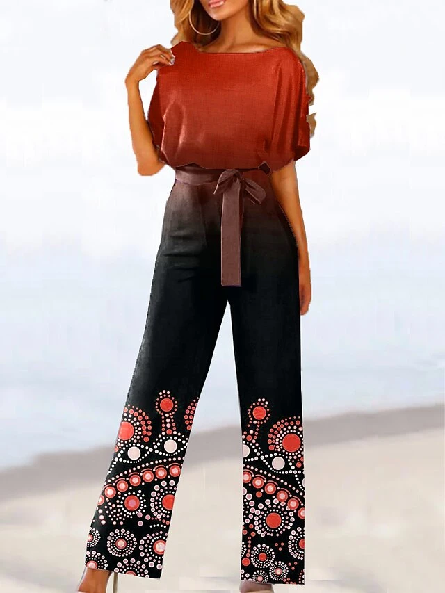 Women's Party Jumpsuit Drawstring Print Print Crew Neck Ordinary Daily Vacation Straight Loose Fit Short Sleeve T-shirt Sleeve Blue Purple Orange S M L All Seasons 1 Women's Party Jumpsuit Drawstring Print Print Crew Neck Ordinary Daily Vacation Straight Loose Fit Short Sleeve T-shirt Sleeve Blue Purple Orange S M L All Seasons