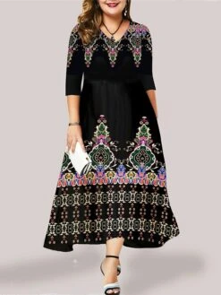 Women's Plus Size Curve Casual Dress Swing Dress Floral Long Dress Maxi Dress 3/4 Length Sleeve Pocket Print V Neck Fashion Outdoor Black Yellow Fall Winter L XL XXL 3XL 4XL