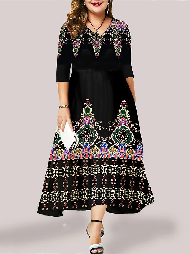 Women's Plus Size Curve Casual Dress Swing Dress Floral Long Dress Maxi Dress 3/4 Length Sleeve Pocket Print V Neck Fashion Outdoor Black Yellow Fall Winter L XL XXL 3XL 4XL 1 Women's Plus Size Curve Casual Dress Swing Dress Floral Long Dress Maxi Dress 3/4 Length Sleeve Pocket Print V Neck Fashion Outdoor Black Yellow Fall Winter L XL XXL 3XL 4XL