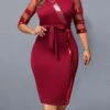 Women's Plus Size Party Dress Sequin Dress Cocktail Dress Midi Dress Wine Half Sleeve Pure Color Lace Up Summer Spring Fall V Neck Fashion Wedding Guest Birthday Vacation 2023 XL XXL 3XL 4XL 5XL