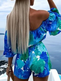 Women's Romper Ruffle Print Floral Off Shoulder Streetwear Street Daily Regular Fit Half Sleeve Red Blue Light Blue S M L Summer Waist Tie -Cheap Plus Fit Dress Store koruqc1684231079713