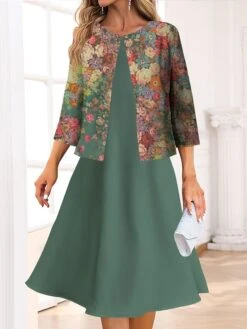 Women's Two Piece Dress Set Casual Dress Swing Dress Outdoor Office Fashion Streetwear Print Midi Dress Crew Neck 3/4 Length Sleeve Floral Regular Fit Pink Royal Blue Blue Spring Fall S M L XL XXL -Cheap Plus Fit Dress Store korzmo1691734592953