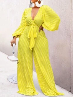 Women's Jumpsuit Lace Up Print Polka Dot V Neck Holiday Daily Vacation Wide Leg Regular Fit Long Sleeve Lantern Sleeve Yellow Red Green S M L Fall -Cheap Plus Fit Dress Store kosrnj1693983804136