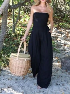 Women's Jumpsuit Pocket Solid Color Strapless Streetwear Daily Vacation Regular Fit Sleeveless Black S M L Summer -Cheap Plus Fit Dress Store kowbwd1678258847998