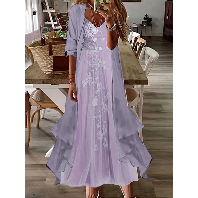 Women's Two Piece Dress Set Casual Dress Lace Dress Outdoor Daily Fashion Elegant Lace Ruffle Long Dress Maxi Dress V Neck 3/4 Length Sleeve Floral Plain Loose Fit Pink Light Purple Summer Spring S M 4 Women's Two Piece Dress Set Casual Dress Lace Dress Outdoor Daily Fashion Elegant Lace Ruffle Long Dress Maxi Dress V Neck 3/4 Length Sleeve Floral Plain Loose Fit Pink Light Purple Summer Spring S M - Image 4