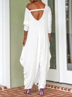 Women's Jumpsuit Backless Solid Color V Neck Streetwear Street Going Out Casual Regular Fit 3/4 Length Sleeve Black White S M L Summer