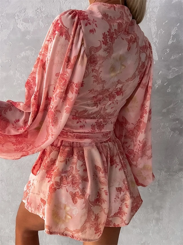 Women's Romper Print Floral V Neck Streetwear Street Going Out Regular Fit Long Sleeve Pink Red Blue S M L Summer 11 Women's Romper Print Floral V Neck Streetwear Street Going Out Regular Fit Long Sleeve Pink Red Blue S M L Summer - Image 11