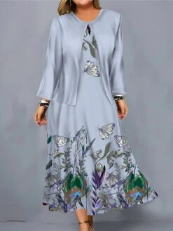 Women's Plus Size Curve Casual Dress Dress Set Two Piece Dress Floral Midi Dress Long Sleeve Print Crew Neck Fashion Outdoor Pink Blue Fall Winter L XL XXL 3XL 4XL -Cheap Plus Fit Dress Store kpzvqe1697023580976