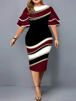 Women‘s Plus Size Curve Work Dress Bodycon Sheath Dress Color Block Midi Dress Half Sleeve Ruffle Crew Neck Fashion Outdoor Wine Red Fall Spring XL XXL 3XL 4XL 5XL -Cheap Plus Fit Dress Store kqaibk1673251736711