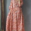 Women's Casual Dress Cotton Linen Dress Swing Dress Midi Dress Polyester Daily Casual Outdoor Daily Vacation Crew Neck Print 3/4 Length Sleeve Fall Autumn 2023 Loose Fit Orange Floral M L XL 2XL