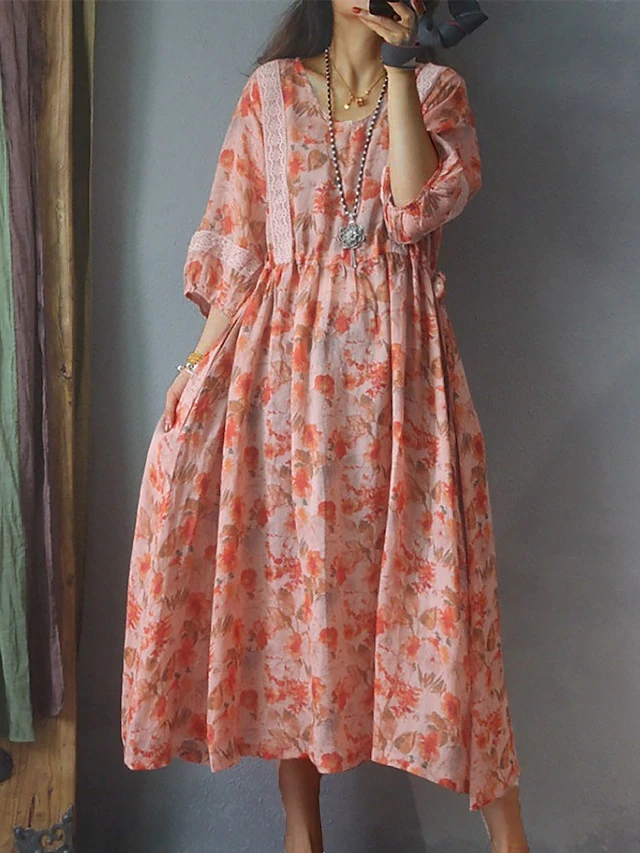 Women's Casual Dress Cotton Linen Dress Swing Dress Midi Dress Polyester Daily Casual Outdoor Daily Vacation Crew Neck Print 3/4 Length Sleeve Fall Autumn 2023 Loose Fit Orange Floral M L XL 2XL 1 Women's Casual Dress Cotton Linen Dress Swing Dress Midi Dress Polyester Daily Casual Outdoor Daily Vacation Crew Neck Print 3/4 Length Sleeve Fall Autumn 2023 Loose Fit Orange Floral M L XL 2XL