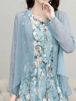 Women's Two Piece Dress Set Print Dress Outdoor Daily Modern Casual Lace Up Ruched Midi Dress V Neck Long Sleeve Floral Regular Fit Black Pink Blue Summer Spring M L XL XXL XXXL -Cheap Plus Fit Dress Store kqdvaf1678430835201