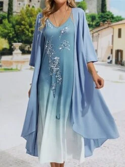 Women's Two Piece Dress Set Casual Dress Chiffon Dress Outdoor Daily Fashion Casual Print Midi Dress V Neck Half Sleeve Floral Ombre Regular Fit Royal Blue Green Summer Spring S M L XL XXL