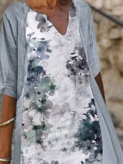 Women's Dress Set Two Piece Dress A Line Dress Midi Dress Light Blue Gray Half Sleeve Floral Print Summer Spring V Neck Elegant 2023 S M L XL XXL 3XL -Cheap Plus Fit Dress Store kqpugn1653363829251